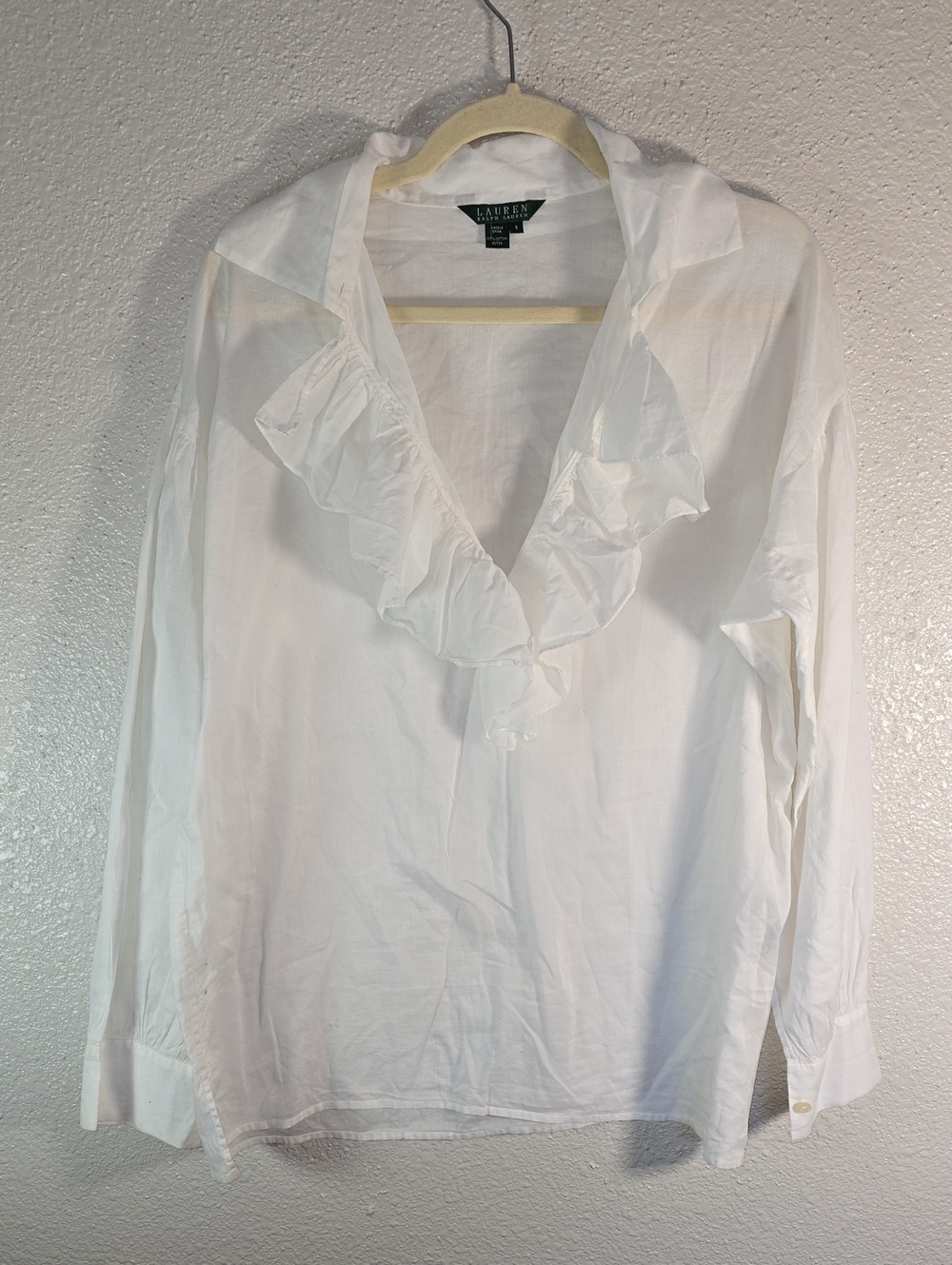 Lauren Ralph Lauren White Ruffle V-Neck Button-Down Shirt
